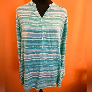 Utsa Blue and Green Relaxed Mandarin Collar Blouse